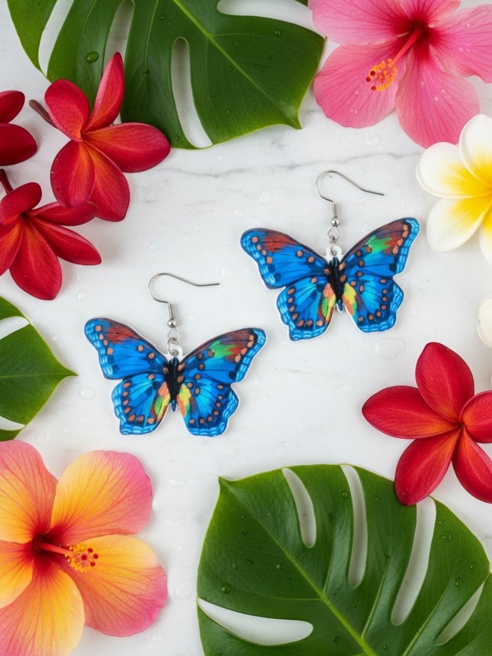 Blue Butterfly Drop Earrings - Lightweight Colorful Wing Design
